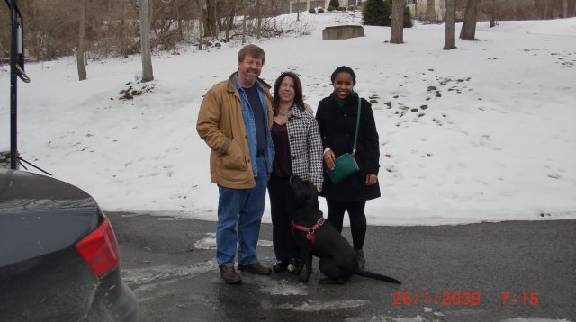 Vicky in the snow in Pennsylvania right before we left for the airport for the flight back to Uganda with Jeff, Karen, and Annie (dog) (note the green tennis ball that Annie is waiting patiently to have thrown for her!)