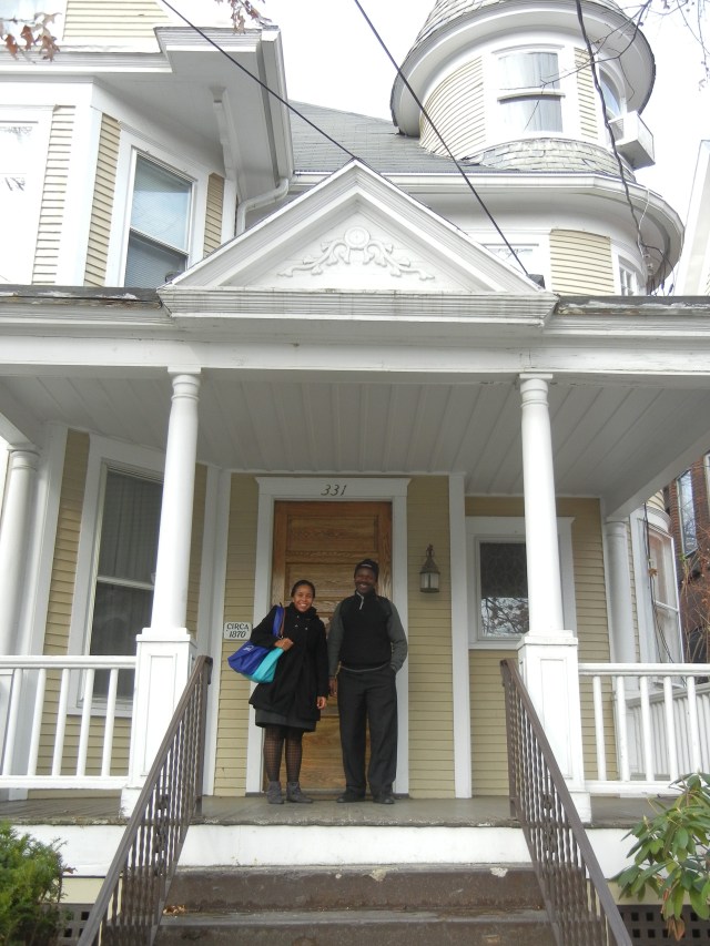 Vicky and Patrick outside their housing in Wilkes-Barr, PA