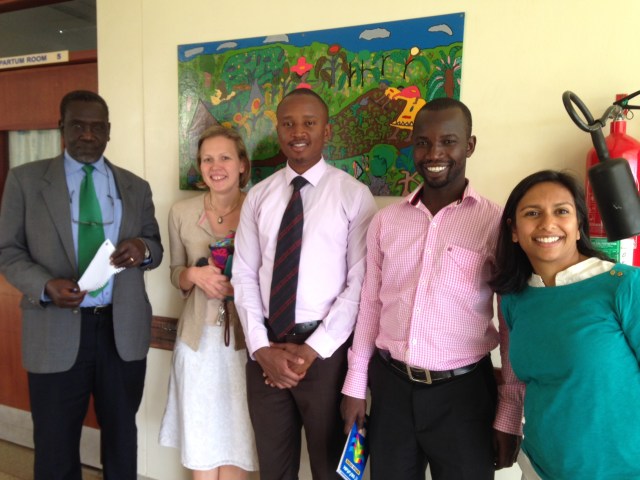 Standing in the beautiful Mother-Baby Hospital (right to left: Richard, Susie, Dennis, Kalidi, Rakhi)