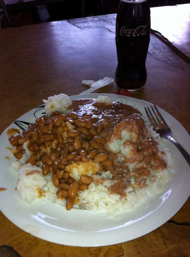 Patrick and I had a delicious lunch of Beans and G-Nut Sauce over Rice (G-Nuts are small nuts like peanuts that are gound up and made into a smooth sauce.  It has a slight peanut butter taste and is really yummy!)