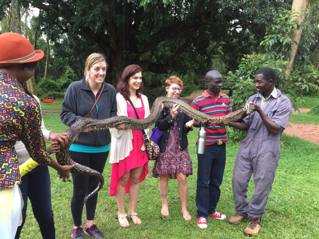 Hanna, Kristen, and Amanda help to hold an African Rock Python- they said it was "squishy"
