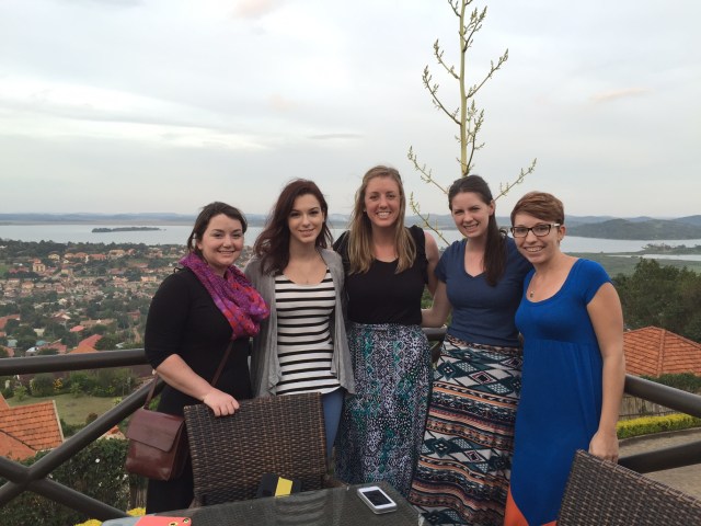 This is a picture of the entire group, before Stacy had to head back to Pennsylvania last Saturday, at a lovely quiet restaurant on top of one of the hills in Kampala called Cassia Lodge. The view is spectacular and I always like to bring the students there early so we can watch the sunset over Lake Victoria