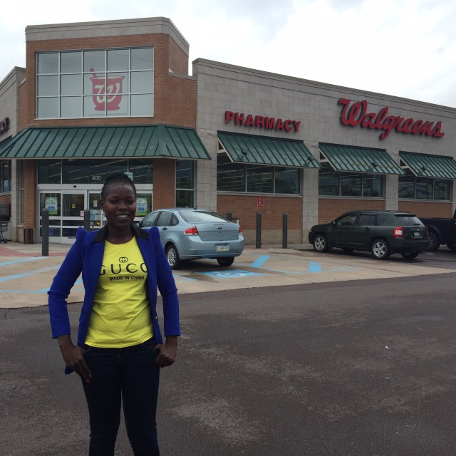 Gonsha in front of Walgreens where she received a Tdap (tetanus, diphtheria, and accellular pertussis) vaccine from a Pharmacist