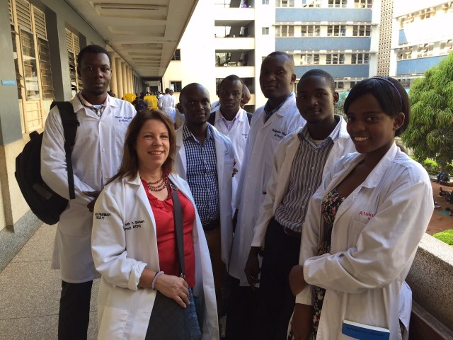 Some of the 4th year students and KarenBeth at Mulago Hospital prior to going up to the patient units.