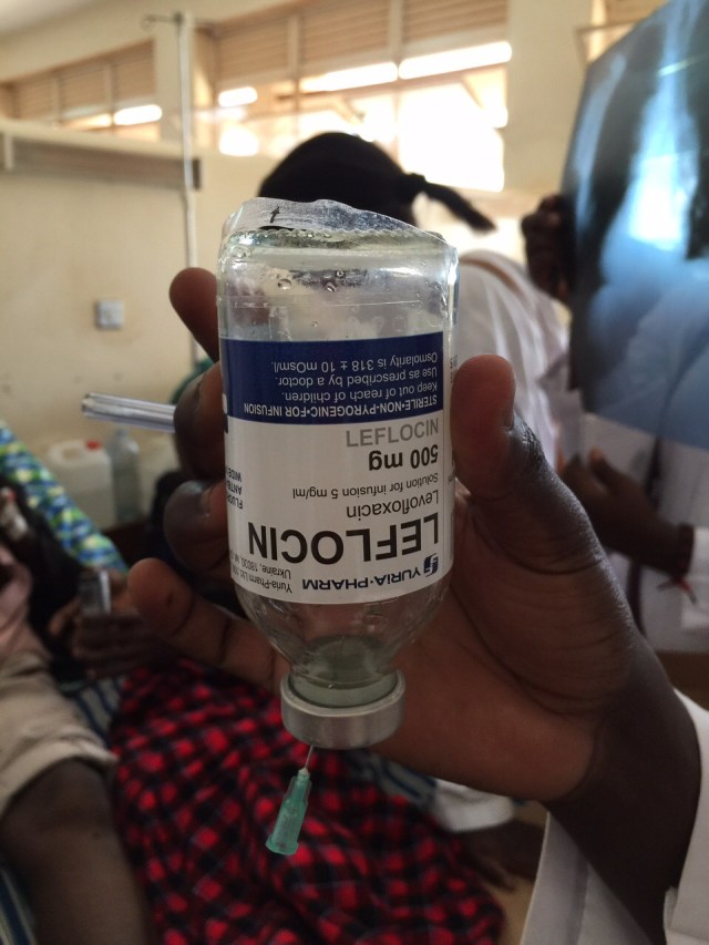 One of the patient's caregivers wasn't able to tell us if the antibiotic had been given to the patient. She kept telling us that only fluids were given. But when we were able to find a vial of the antibiotic and show it to the caregiver, she recognized it and was able to confirm that a similar vial had been administered. By the way, this drug, levofloxacin, is commonly used in the USA, too.