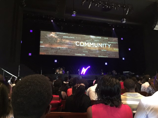 Watoto Church, Downtown Kampala, before the service the large screen runs many interesting colorful slides about their ministries which keeps you occupied while you wait, since people got there so early to get seats