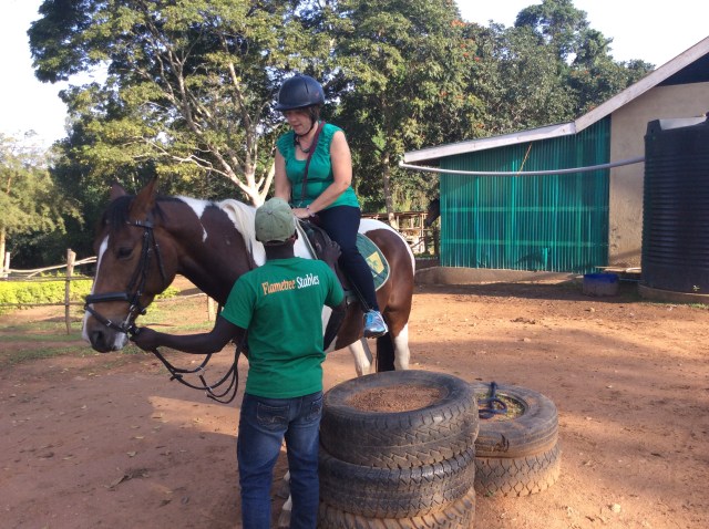Jackson, my guide and trainer, coaches me to get on my mount, Chiccadee, a beautiful mare.